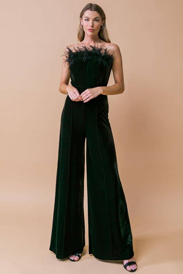 Abigail Velvet Feather Trimmed Jumpsuit