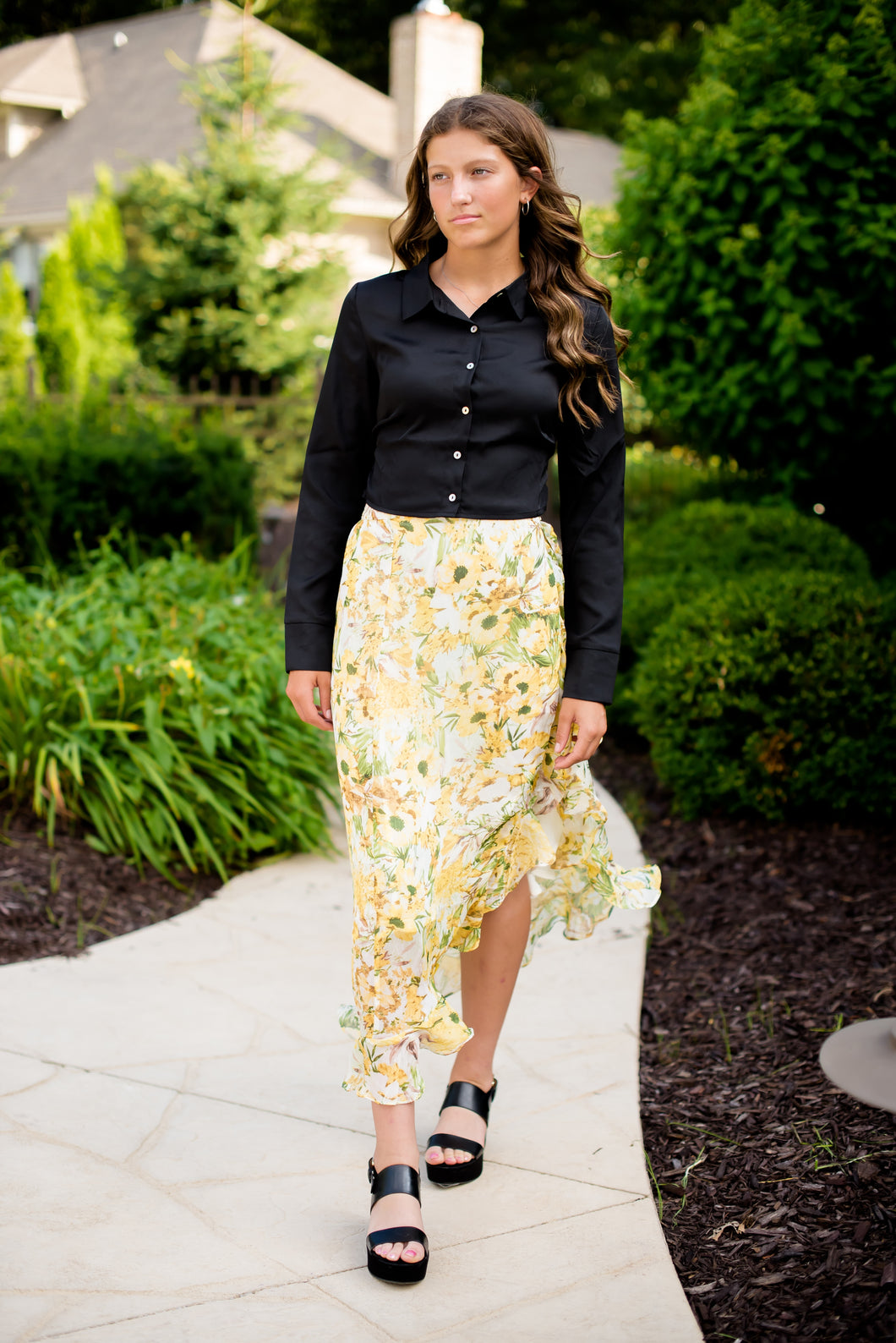 The Francesca Floral Print Ruffle Overlap Midi Skirt - Dawn & Renée Boutique